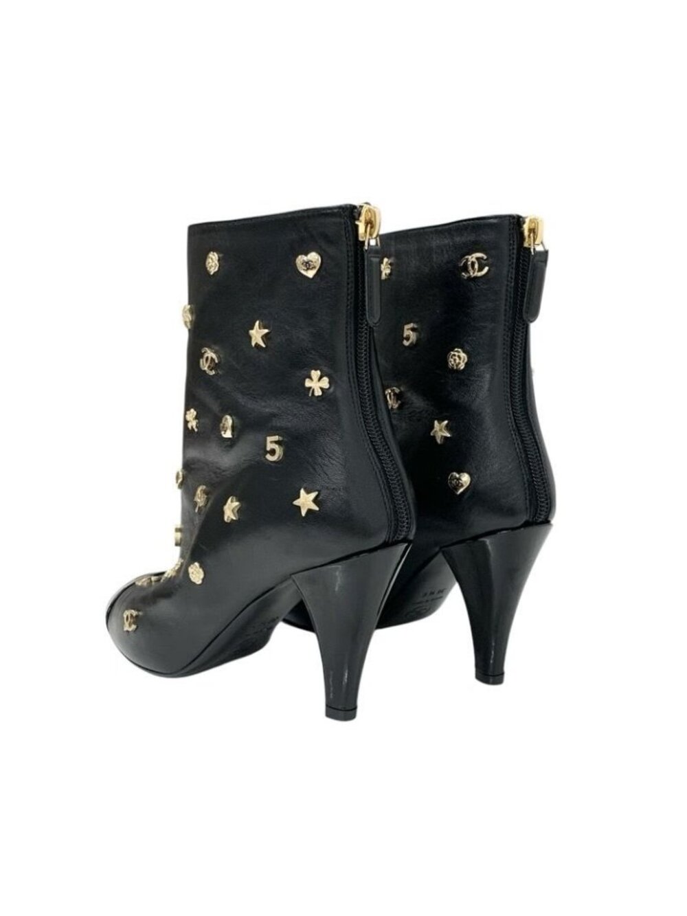 Chanel Boots Short Shoes Leather Patent Black Gold Coco Mark Icon Logo - Picture 4 of 9